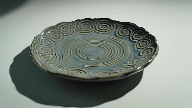 A close-up shot of a beautiful handmade ceramic plate with intricate swirl and ripple patterns, reflecting light and casting shadows on a white surface.