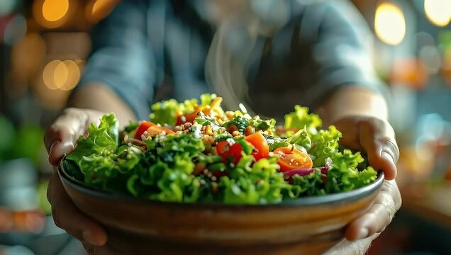 Steaming Fresh Salad Bowl Presented by Chef, Healthy Vegan Meal in Restaurant, 4K