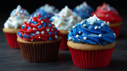 A group of patriotic cupcakes with red white and blue frosting and sprinkles on a dark surface