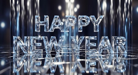 Shiny crystalline happy new year text reflecting on a dark, blurred surface