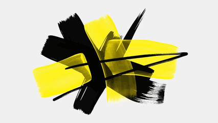 Vibrant abstract art with dynamic black and yellow brushstrokes on white background, creative expression