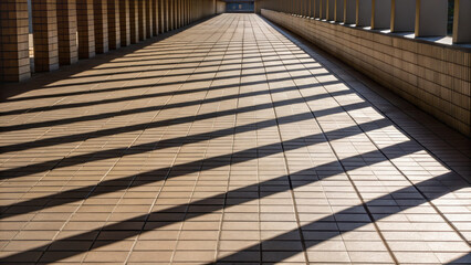 Minimal urban visual story. Sunlight casts strong diagonal shadows across tiled walkway, creating striking pattern