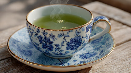 Steaming green tea in elegant floral cup on wooden table
