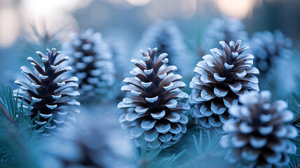 A cluster of pine cones covered in frost, resting on pine needles in a cool, bluetoned forest