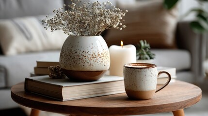 A clean, modern coffee table with simple props--candles, books, and a coffee cup