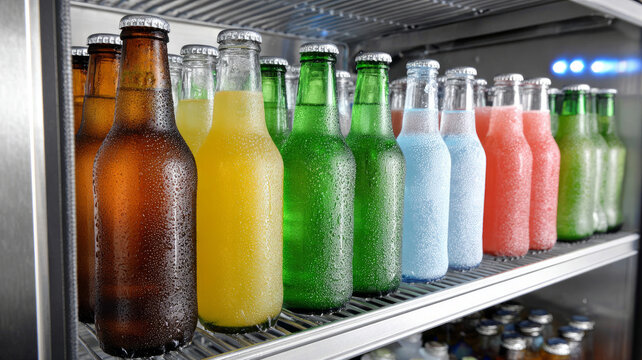 Colorful drink bottles chilling in a fridge display.