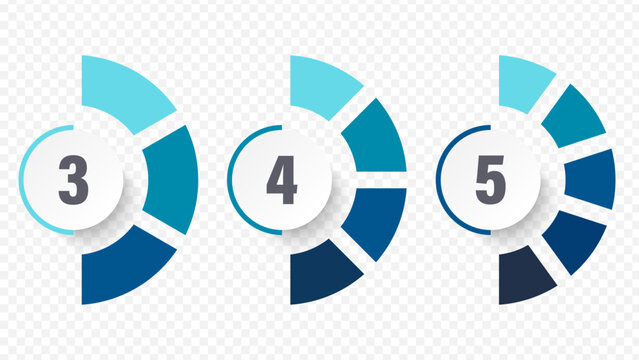 Pie charts divided into 3,4 and 5 equal parts isolated on transparent background. Pie charts for data visualization.