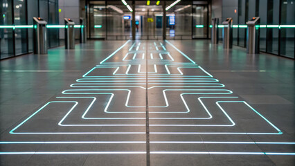 Futuristic hallway with glowing pathway lines leading to access control gates, creating modern and sleek atmosphere