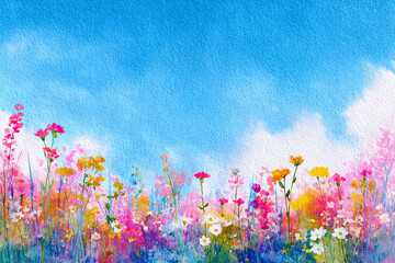 水彩風の花のある風景