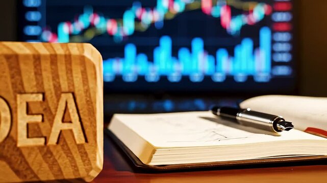 Wooden block with IDEA on desk with financial chart animation background
