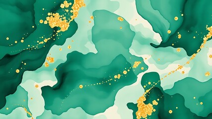 Emerald green abstract fluid art with gold accents background beautiful