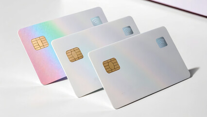 Three sleek, holographic credit cards with contactless payment symbols are arranged on white surface