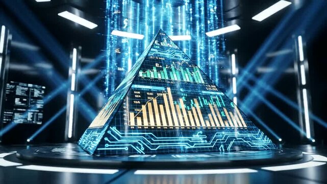 Futuristic pyramid with data visualization and glowing blue circuit patterns, representing advanced technology.