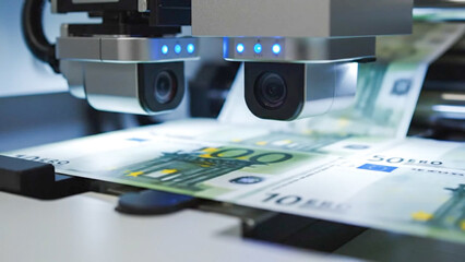 Industrial machine using laser sensors to scan and verify Euro banknotes
