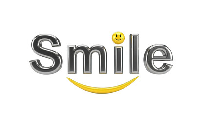 3d chrome text smile with yellow smiley face and curved smile metallic