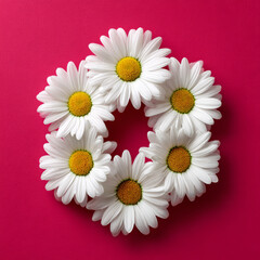 White daisies arranged in a circle on a pink background.