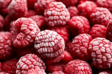 Frozen ripe raspberries as background, closeup view