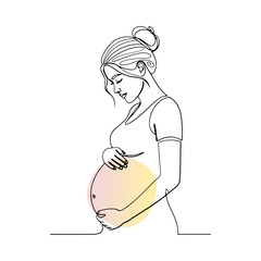 continuous line drawing of pregnant woman holding her belly with colorful circle