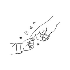adult finger and baby hand touching with small hearts line art illustration