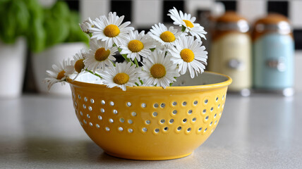 Yellow bowl with daisies on a kitchen countertop.