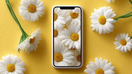 Smartphone with daisy wallpaper on a vibrant yellow background.