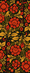 Vector national decorative floral pattern. Slavic ornament with red flowers on a black background