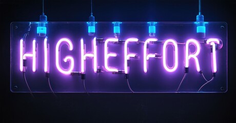 Bright neon sign spells HIGHEFFORT. Purple glow contrasts dark background. Modern aesthetic, simple design, captivating illumination.