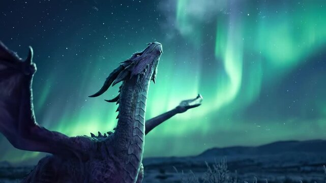 dragon purple - A majestic purple dragon stands tall under a starry sky, its wings spread wide as vibrant northern lights illuminate the icy landscape in a mystical ambiance
