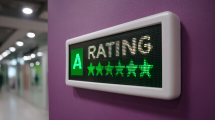 Digital rating display with stars on a wall.