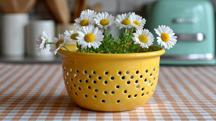 Daisies in a yellow colander on a checkered table in a kitchen.