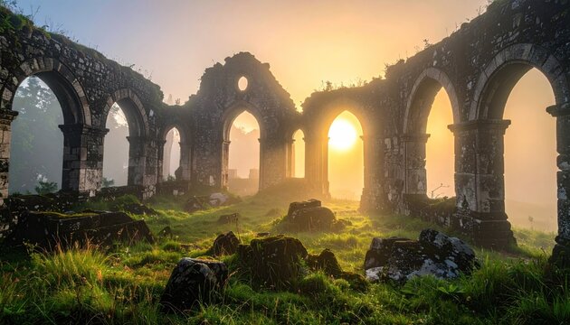 Mystical Sunrise Over Gedong Songo Temple Ruins in Central Java.