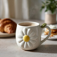 Flower mug with coffee and croissants on a table.