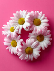 Five white daisies arranged in a circle on a pink background.