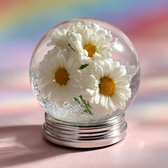Daisies inside a glass globe with a rainbow background.