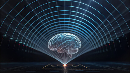 Predictive threat intelligence. digital brain hologram emits radiating arcs in futuristic setting