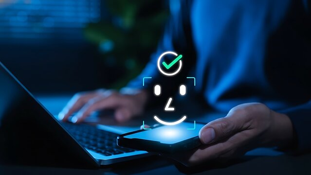 Biometric security concept: neon facial recognition overlay over smartphone and laptop in a dark tech workspace - Powered by Adobe