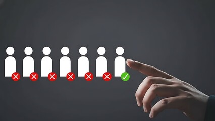Hand selecting the right candidate from a row of applicant icons with green checkmark