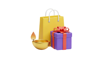 Diwali elements: gift box, shopping bag, and diya lamp on transparent background