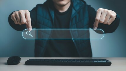 Holographic neon search bar interface projected between hands over a keyboard