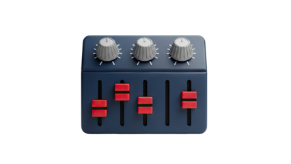 Mixing console with faders and knobs on transparent background