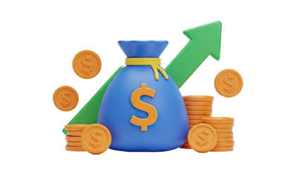 Money Bag with Coins and Upward Trend Arrow on transparent background