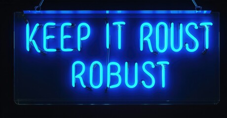 Fototapeta premium Bright blue neon sign displays text. Words keep it roust robust illuminate dark background. Simple, modern design.