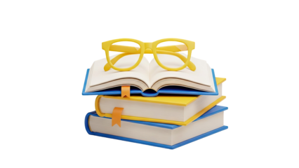Stack of Books with Yellow Glasses on transparent background