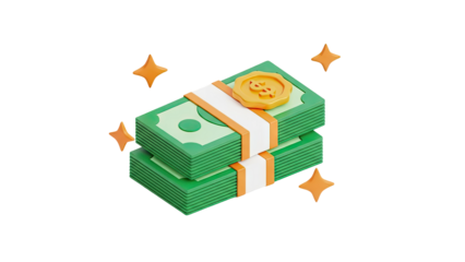 Stack of Money with Coin and Sparkles on transparent background
