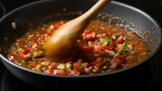 Cooking process: Sizzling fresh salsa being stirred in a pan, a culinary journey