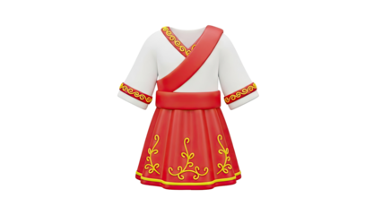 Cartoon red and white traditional dress with yellow ornate details on transparent background