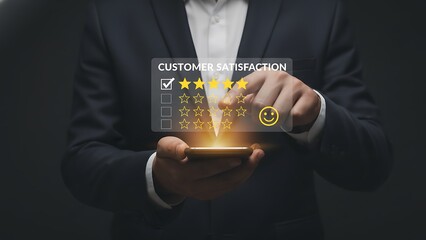 Customer Satisfaction Rating UI overlay on smartphone held by a suited professional
