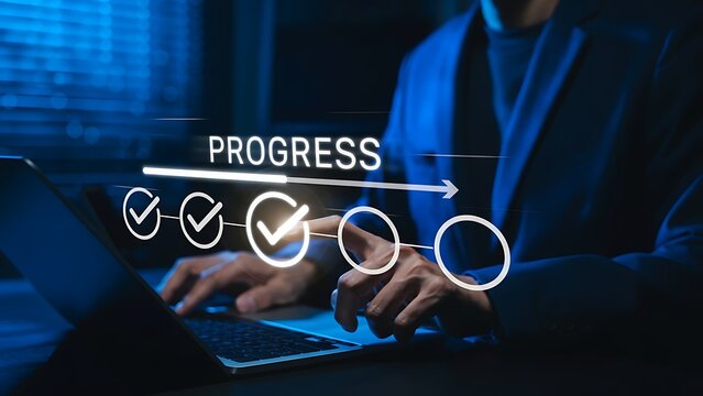 Neon progress dashboard with checkmarks overlay on a laptop for a tech business concept - Powered by Adobe