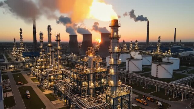 Aerial view of an industrial chemical park near Geleen in the Netherlands featuring large refinery tanks factory pipes and complex manufacturing infrastructure in 4K resolution