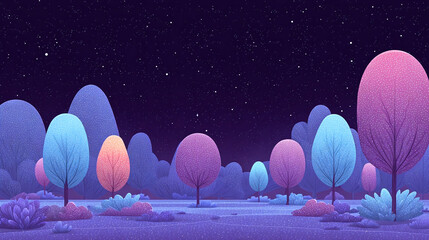 Explore a Vibrant Night Landscape Filled with Colorful Trees and Starry Skies, a Dreamy Fusion of Nature's Beauty and Imagination for Intriguing Visual Adventures